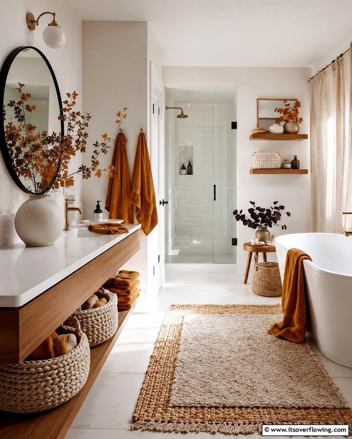 Layered Textures for Decor - 25 Fall Bathroom Decor Ideas for a Seasonal and Stylish Update