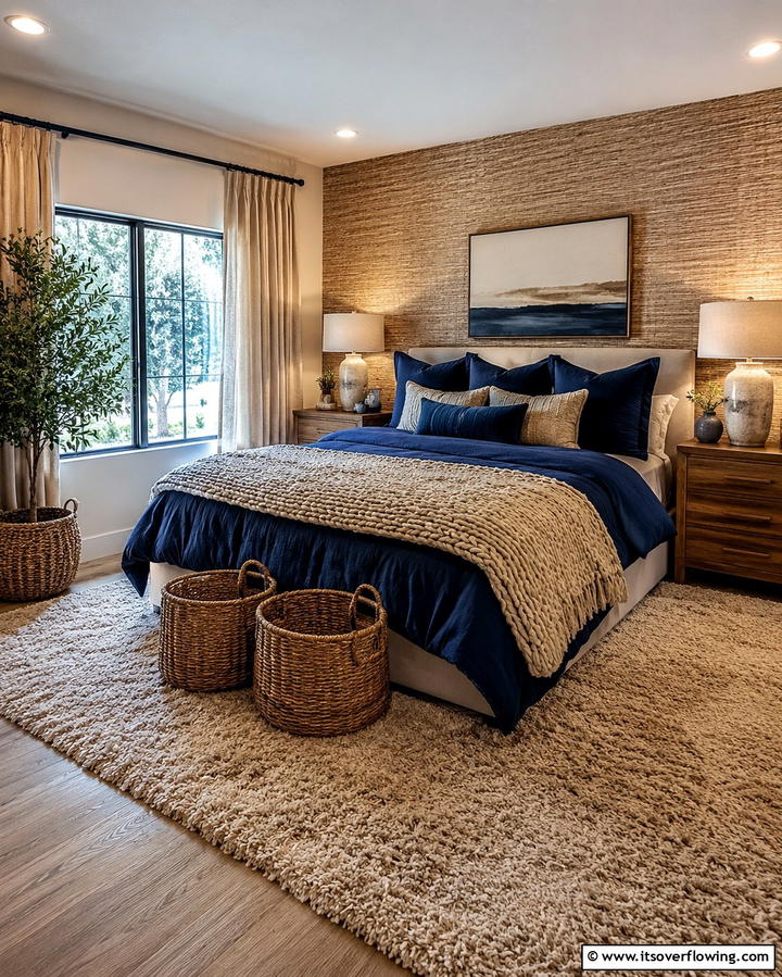 Layered Textures for Depth - 25 Blue and Beige Bedroom Ideas for a Calming Space