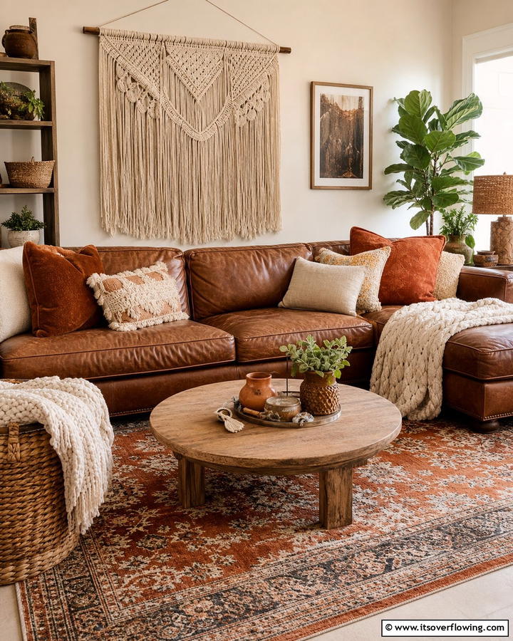 Layered Textures for Depth - 25 Brown Leather Couch Living Room Ideas
