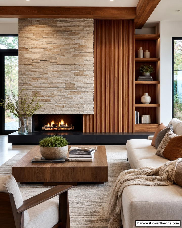 Layered Textures for Depth - 25 Off-center Fireplace Ideas for a Unique and Modern Living Room