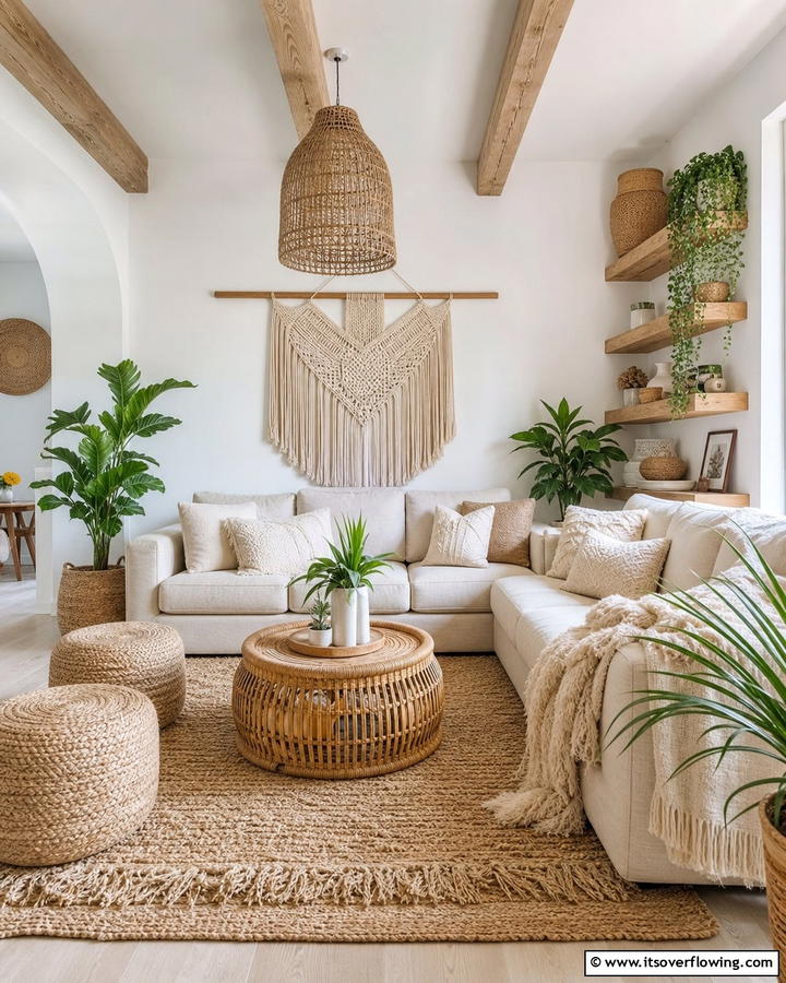 Layered Textures for Depth - 20 Neutral Boho Living Room Ideas for a Relaxing Vibe