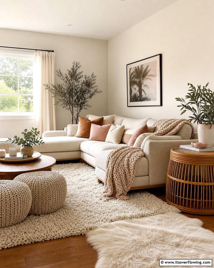 Layered Textures for a Cozy Atmosphere - 25 Dulux Egyptian Cotton Living Room Ideas for Elegance