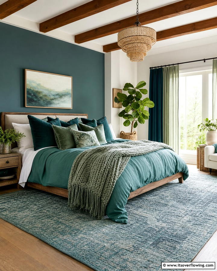 Layered Textures in Blue and Green - 20 Blue and Green Bedroom Ideas- Calming Color Schemes