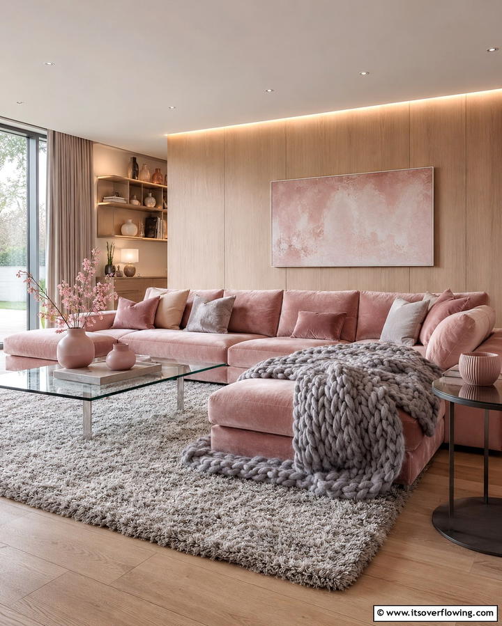 Layered Textures in Pink and Grey - 25 Pink and Grey Living Room Ideas for a Chic Space
