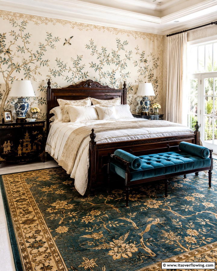Layered Textures with Chinoiserie Rugs - 25 Chinoiserie Bedroom Ideas for an Exotic Touch