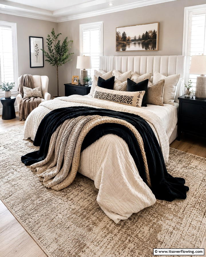 Layered Textures with Throw Blankets - 25 Elegant Black and Beige Bedroom Design Ideas