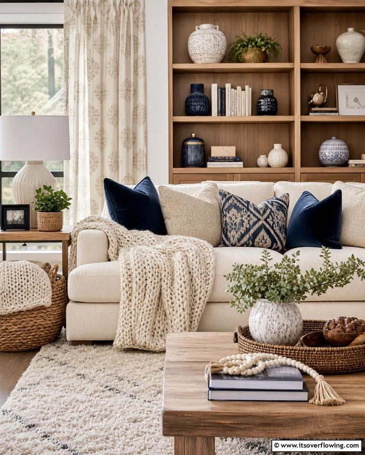 Layered Textures with a Cream Couch - 25 Cream Couch Living Room Ideas for Timeless Elegance