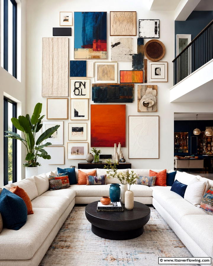 Layered Wall Art Arrangements - 30 High Ceiling Wall Decor Ideas for Tall Interior Spaces