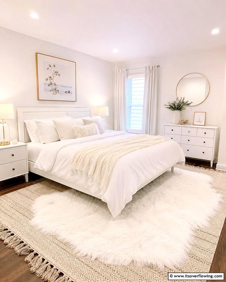 Layered White Rugs for Cozy Comfort - 20 Bright Small White Bedroom Design Ideas