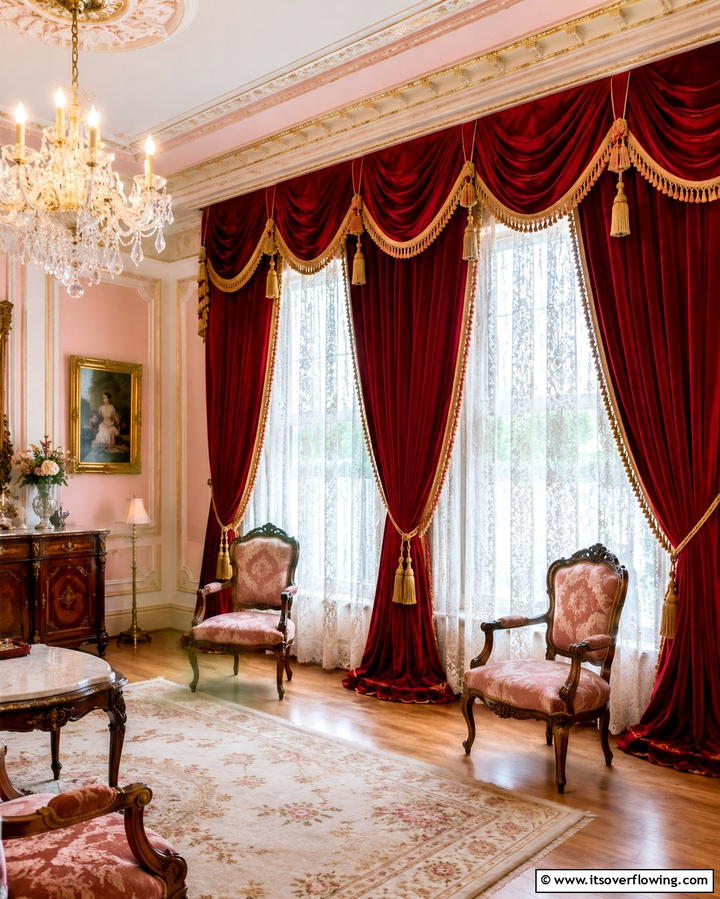 Layered Window Treatments with Heavy Drapes - 25 Victorian Living Room Ideas for Elegant Spaces