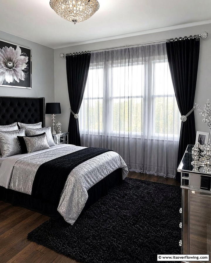 Layered Window Treatments - 20 Black and Silver Bedroom Ideas for a Sleek Aesthetic