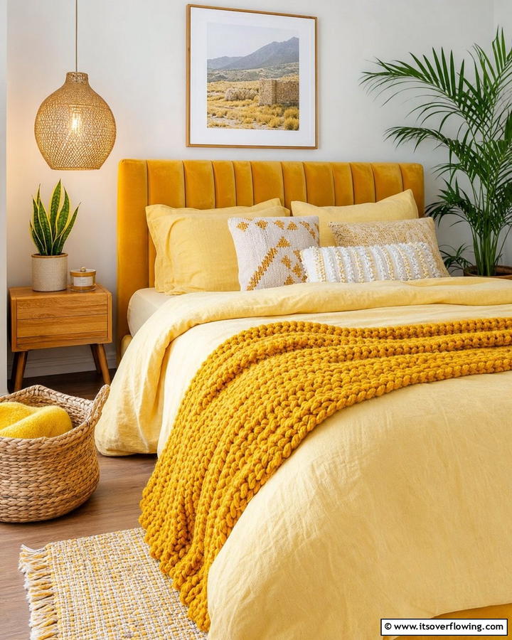 Layered Yellow Textures - 30 Yellow Bedroom Ideas to Brighten Your Sleep Space