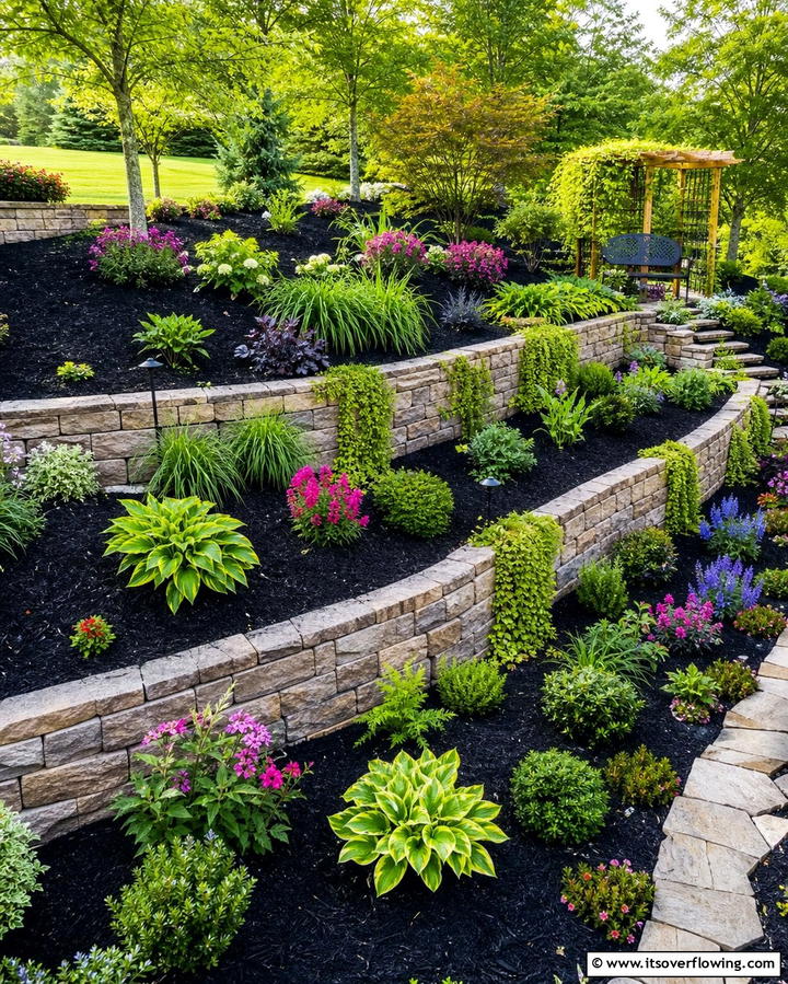 Layering Black Mulch in Tiered Gardens - 25 Black Mulch Landscaping Ideas for a Sleek Garden