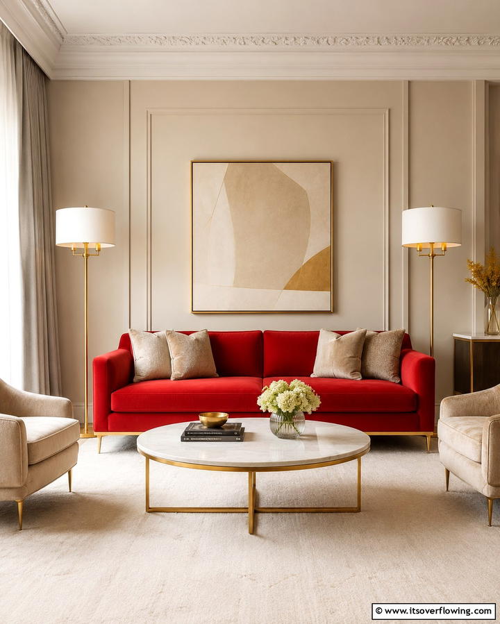 Layering Neutral Shades Around a Red Couch - 25 Red Couch Living Room Ideas to Make a Statement