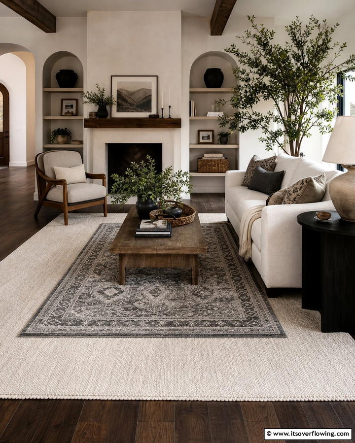 Layering Rugs for Visual Interest - 30 Grey Living Room & Dark Wood Floor Design Combinations