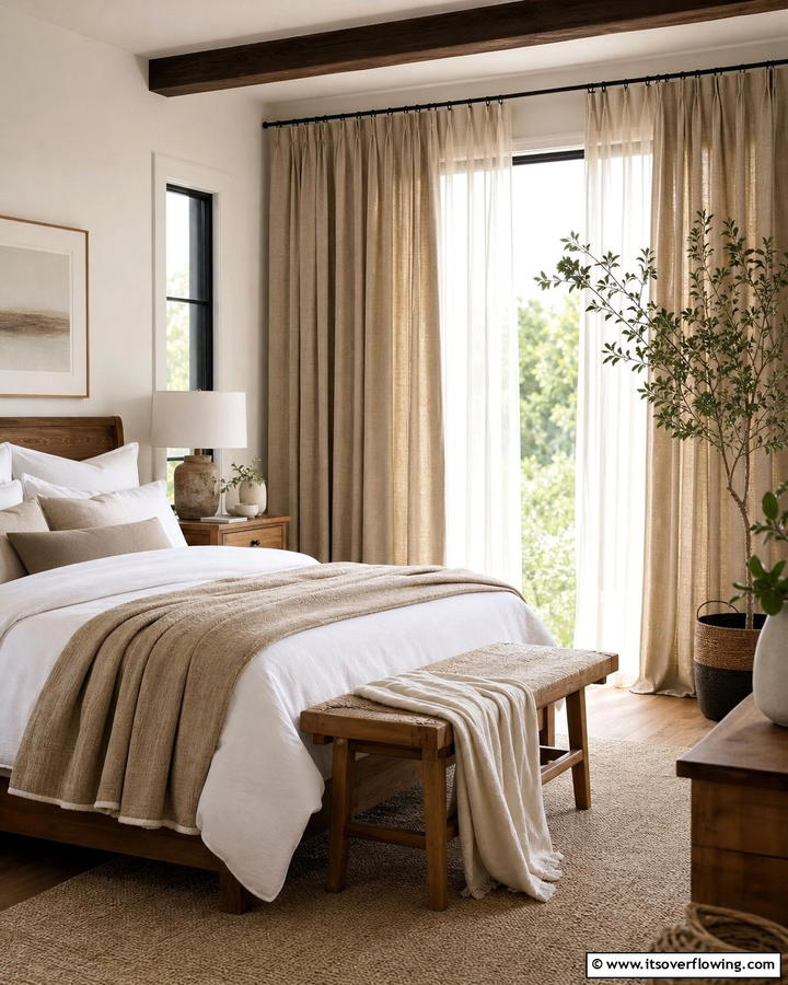 Layering with Khaki Curtains - 20 Khaki Bedroom Ideas for a Neutral and Relaxing Space