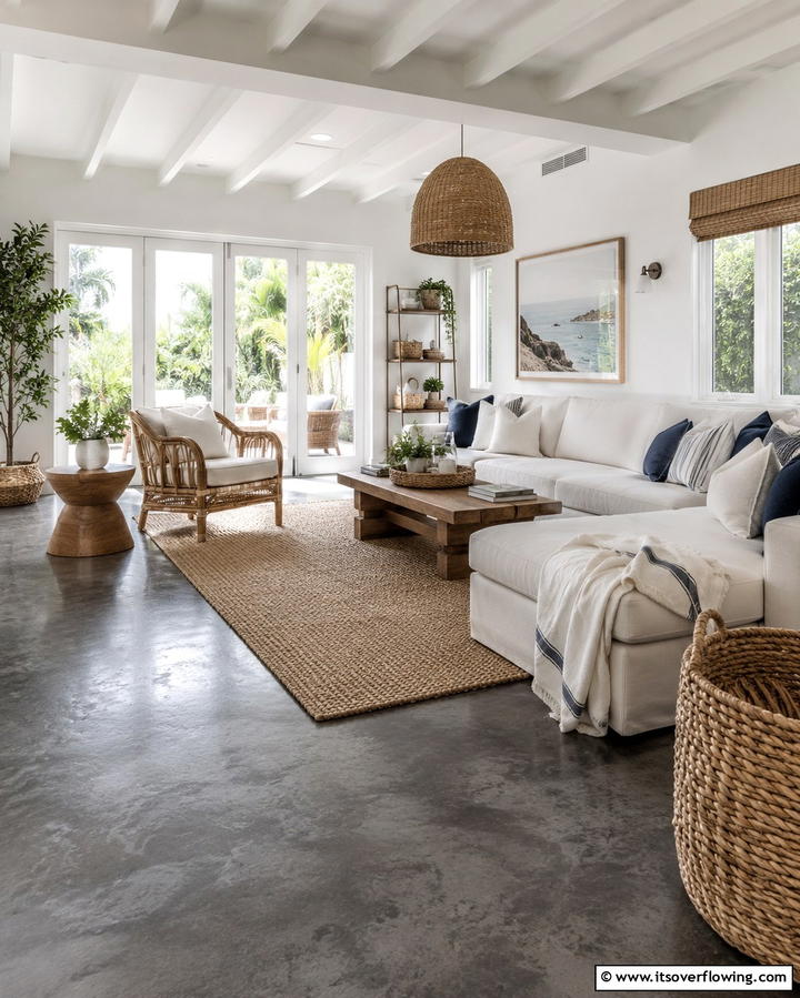 Layering with Natural Textures - 25 Rustic Concrete Floor Living Room Ideas for Style