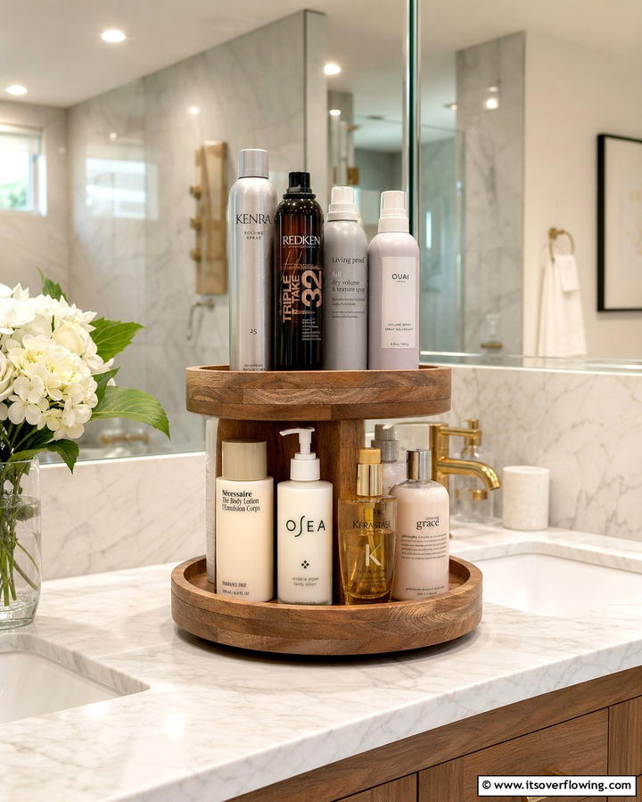 Lazy Susan for Larger Items - 25 Vanity Organization Ideas for a Clutter-Free Space