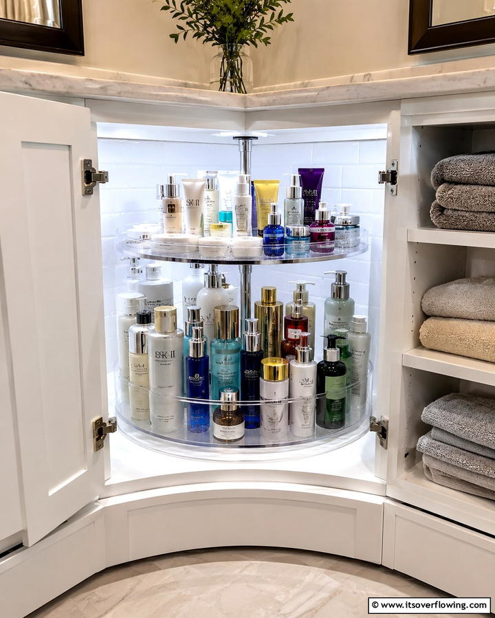 Lazy Susans for Cabinet Corners - 30 Bathroom Cabinet Organizing Ideas for Clutter-Free Spaces