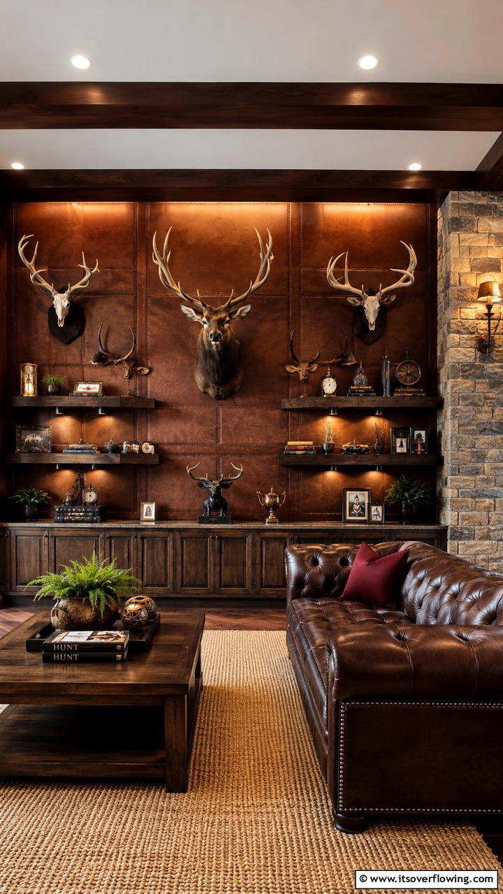 Leather Accented Trophy Wall - 30 Hunting Trophy Room Ideas for Rustic Decor