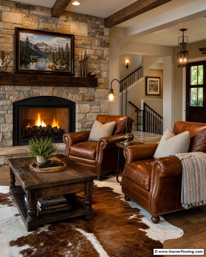 Leather Armchairs for Rustic Elegance - 25 Chairs in Front of Fireplace Ideas for Cozy Vibes