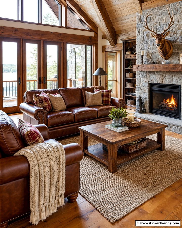 Leather Furniture Accents - 25 Cabin Decor Ideas for a Cozy Retreat