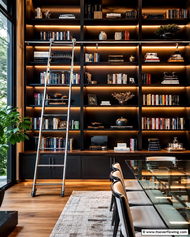 Library Ladder with Lighting - 25 Library Dining Room Combo Ideas for Book Lovers