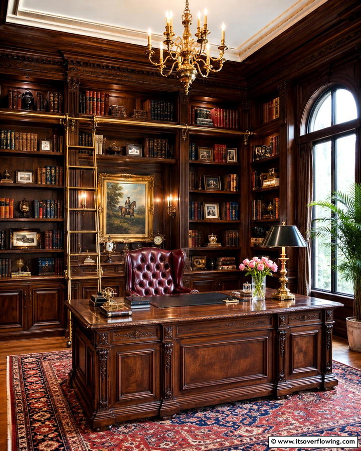 Library Style Workspace - 30 Home Office Ideas Designed Specifically for Him