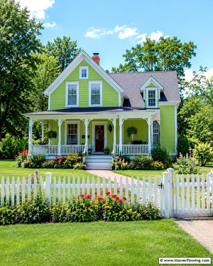Light Apple Green with White Picket Fence - 25 Farmhouse Green Exterior Home Ideas for a Fresh Look