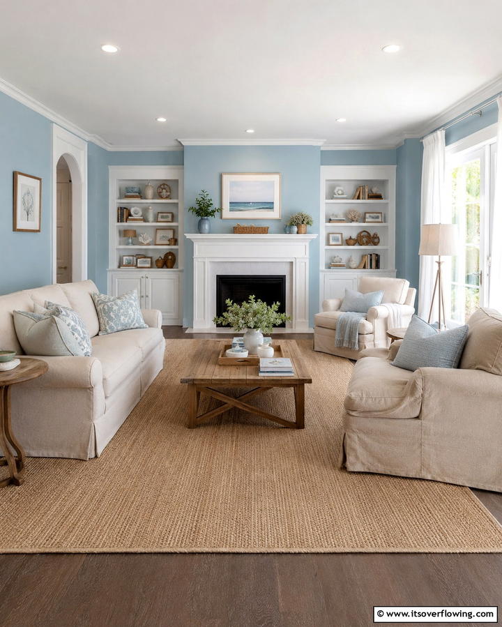 Light Blue Accent Walls - 30 Hamptons Living Room Ideas for Coastal-Inspired Elegance