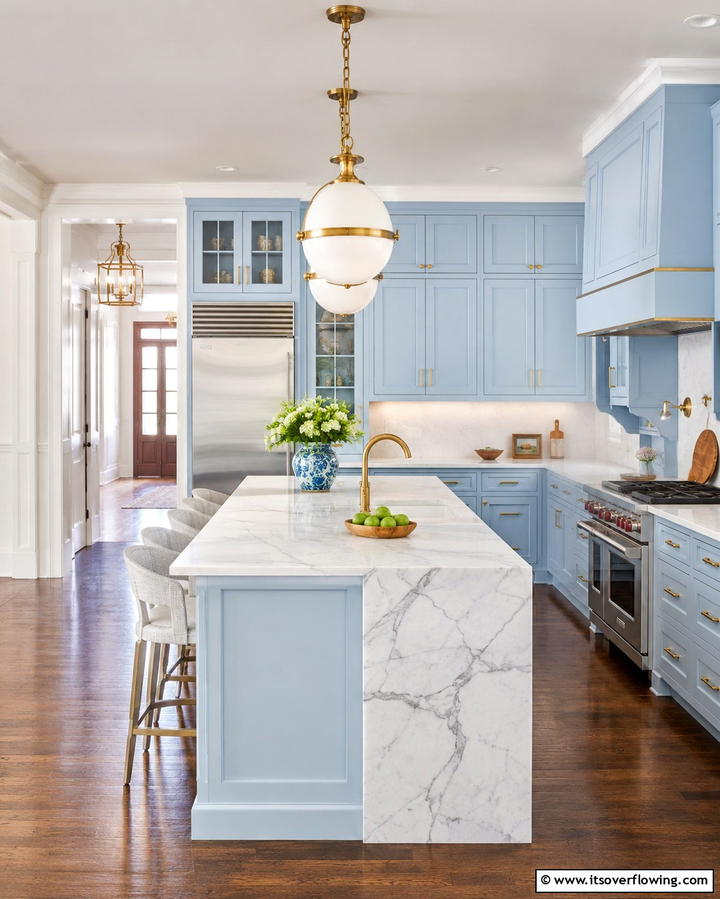 Light Blue Cabinets with Brass Hardware - 25 Light Blue Kitchen Cabinets Ideas for a Coastal Vibe