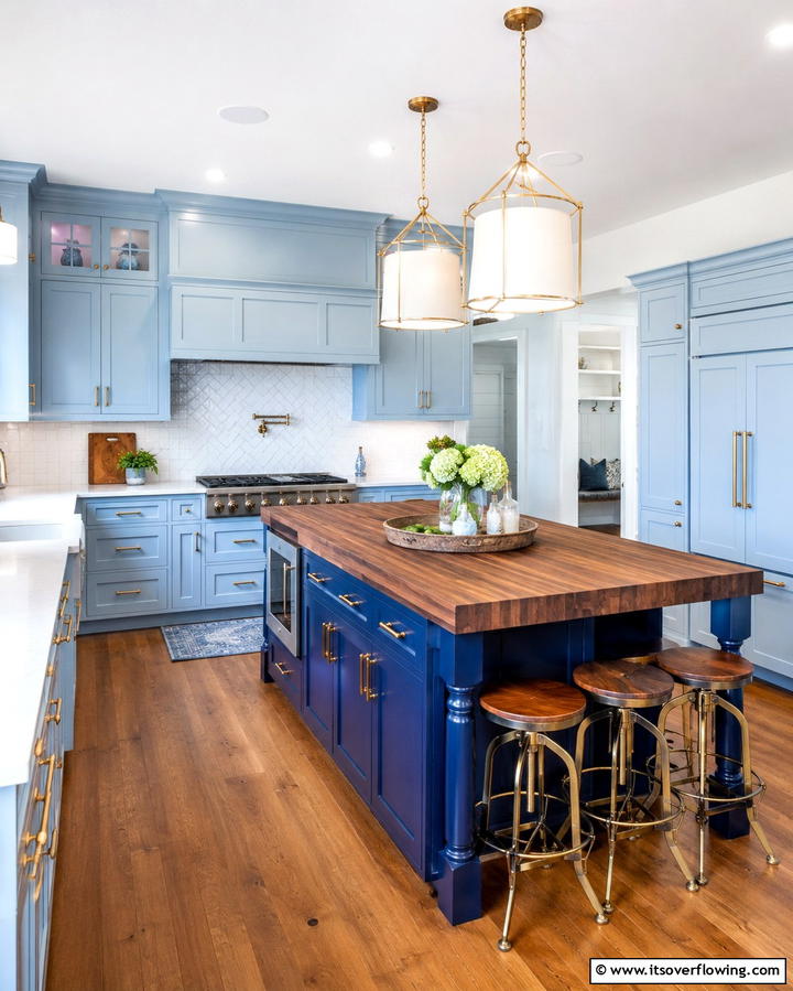 Light Blue Cabinets with Contrasting Island - 25 Light Blue Kitchen Cabinets Ideas for a Coastal Vibe