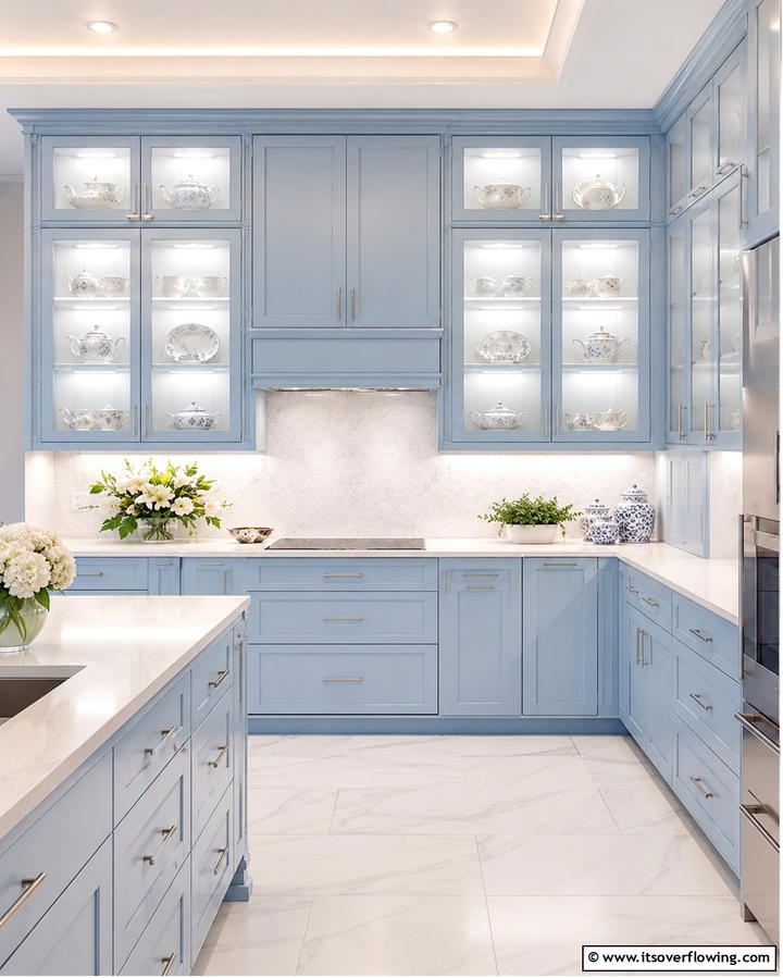 Light Blue Cabinets with Glass Fronts - 25 Light Blue Kitchen Cabinets Ideas for a Coastal Vibe