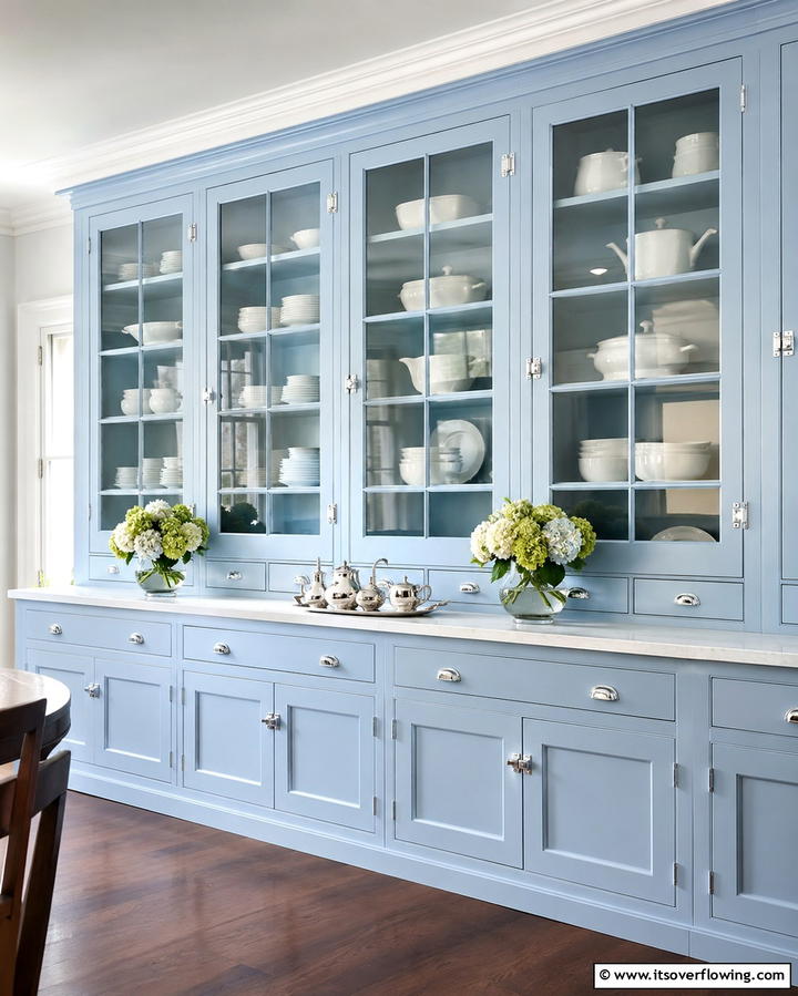 Light Blue Cabinets with Glass Inserts - 25 Light Blue Kitchen Cabinets Ideas for a Coastal Vibe