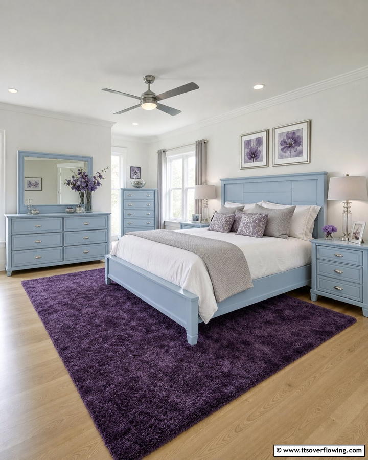 Light Blue Furniture Paired with Purple Rugs - 20 Blue and Purple Bedroom Ideas- Vibrant & Cozy Designs