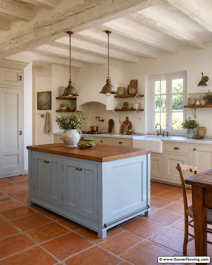 Light Blue Island with Rustic Wooden Countertops - 25 Blue Kitchen Island Ideas for a Fresh Look