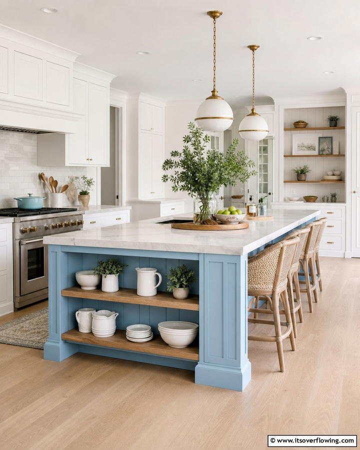 Light Blue Islands with Open Shelving - 25 Blue Kitchen Island Ideas for a Fresh Look