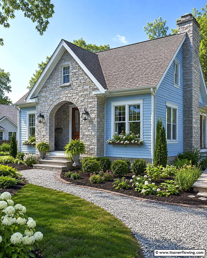 Light Blue Vinyl with Gray Brick - 25 Vinyl Siding and Brick Combinations for Curb Appeal