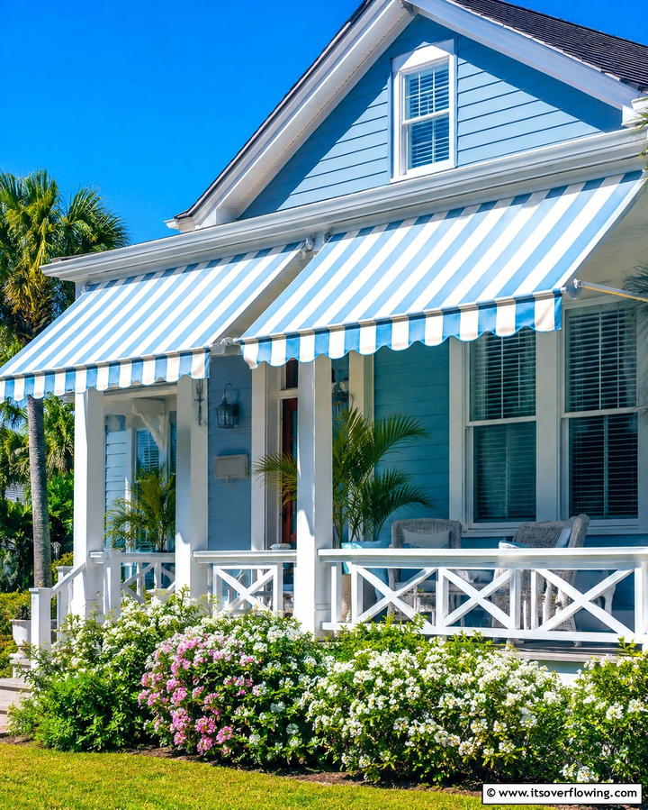 Light Blue and White Striped Awnings - 25 Light Blue House Exterior Ideas for a Fresh Look