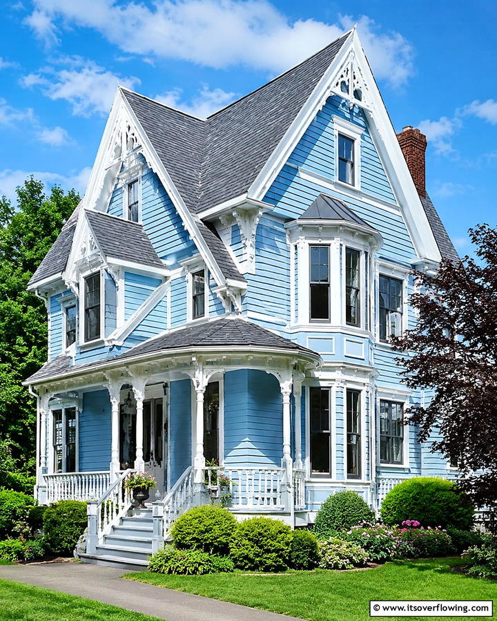 Light Blue with Bold White Gables - 25 Light Blue House Exterior Ideas for a Fresh Look