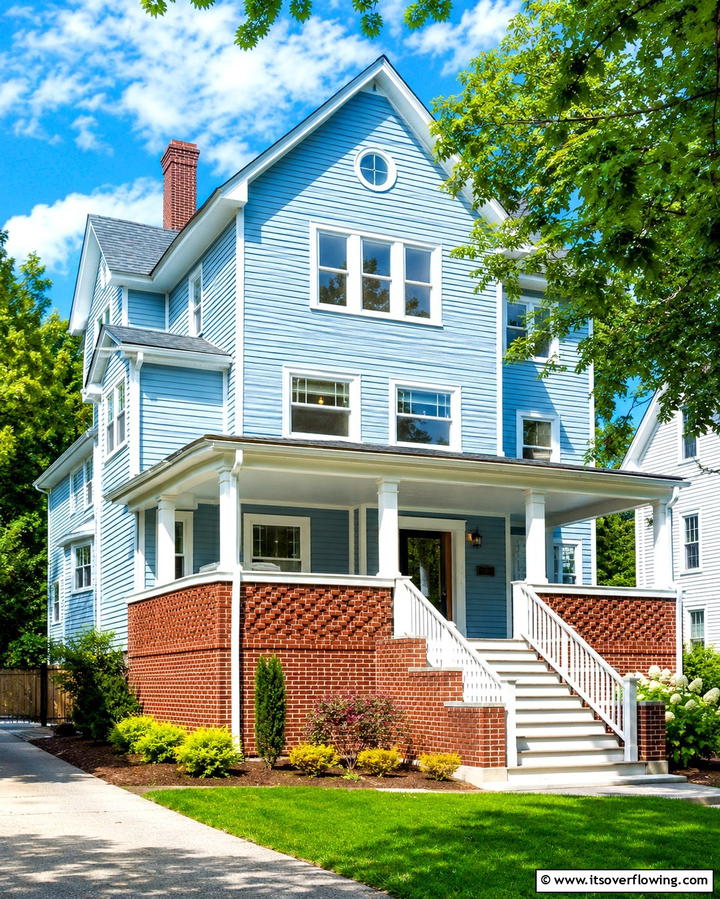 Light Blue with Brick Foundation - 25 Light Blue House Exterior Ideas for a Fresh Look