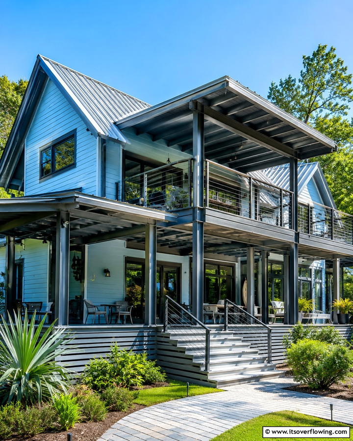 Light Blue with Industrial Metal Accents - 25 Light Blue House Exterior Ideas for a Fresh Look