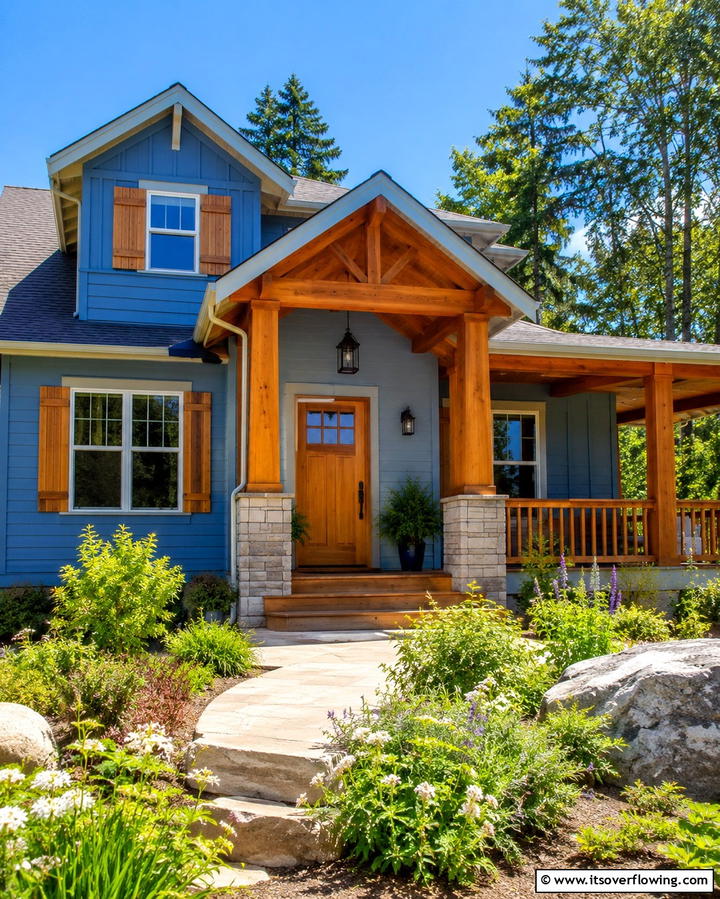 Light Blue with Natural Stone Details - 25 Light Blue House Exterior Ideas for a Fresh Look