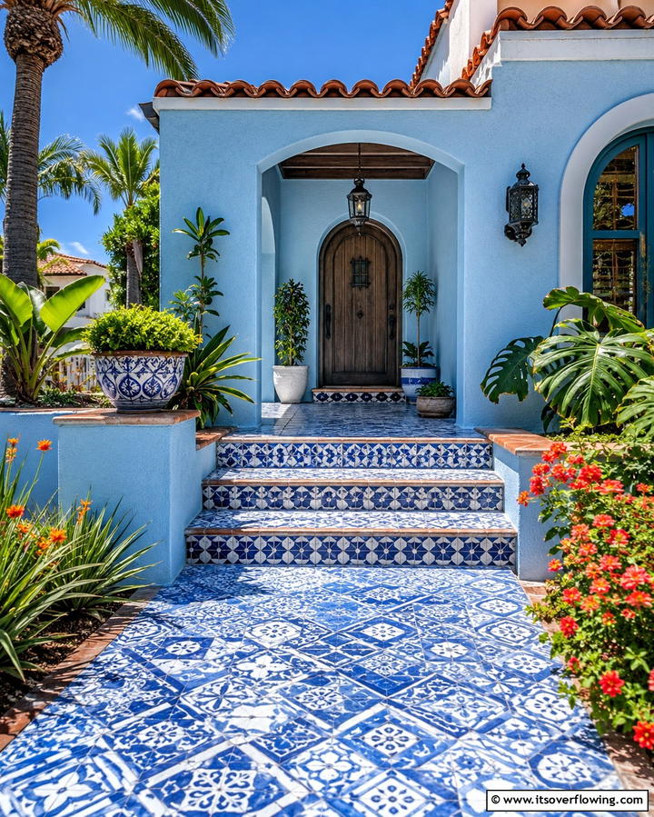 Light Blue with Patterned Tile Accents - 25 Light Blue House Exterior Ideas for a Fresh Look