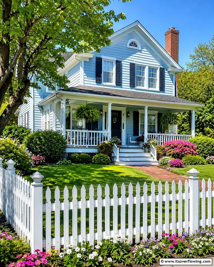 Light Blue with White Picket Fence - 25 Light Blue House Exterior Ideas for a Fresh Look