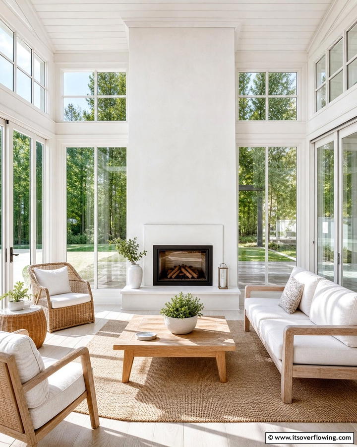 Light Filled Sunroom with Minimalist Fireplace - 30 Sunroom With Fireplace Ideas for Year-Round Comfort