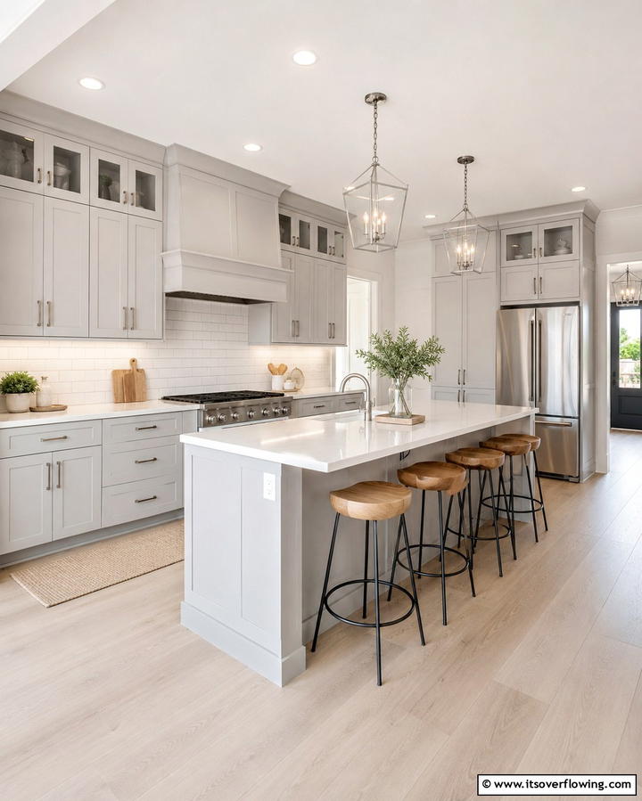 Light Gray Cabinets with Subway Tile Backsplash - 25 Farmhouse Kitchen with Gray Cabinets Ideas