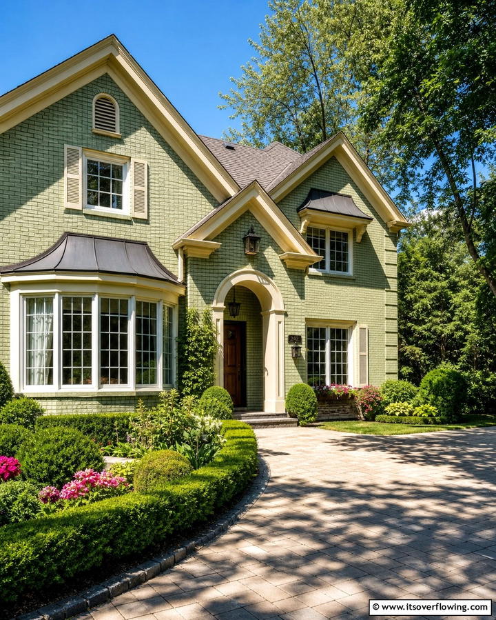Light Green Brick with Cream Trim - 30 Green Brick Exterior Home Design Ideas for Modern Houses