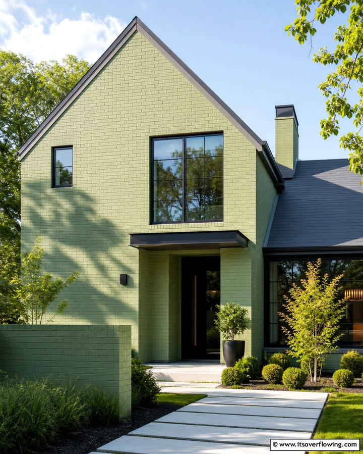 Light Green with Gray Roof - 30 Green Brick Exterior Home Design Ideas for Modern Houses
