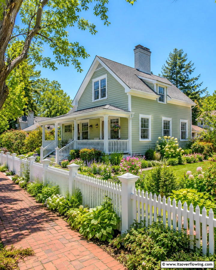 Light Green with White Picket Fences - 25 Farmhouse Green Exterior Home Ideas for a Fresh Look